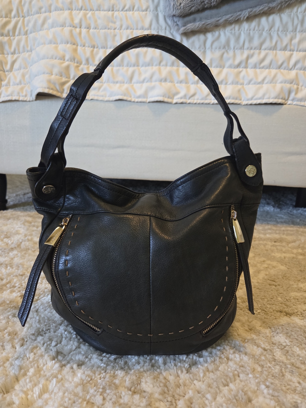 b. makowsky Black Leather Hobo with Gold Hardware